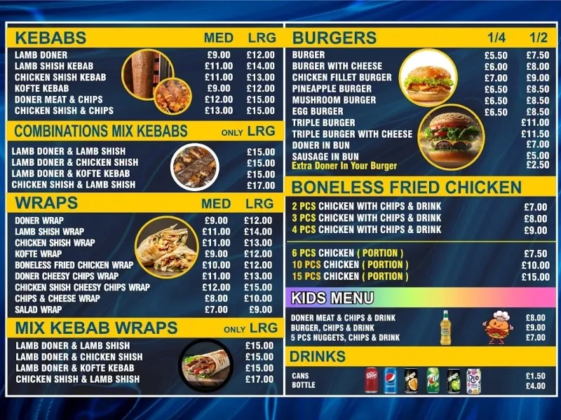 Kebab, wrap and chicken meals menu