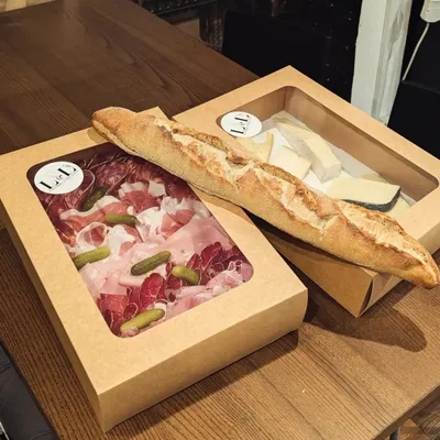 French bread stick with a selection of hams and cheeses