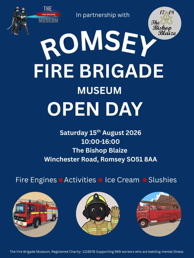 Promotional poster for a Romsey Fire Brigade Museum charity open day event